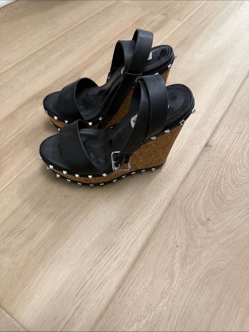 Steve Madden Black Cork Wedge Sandals with Stud Details